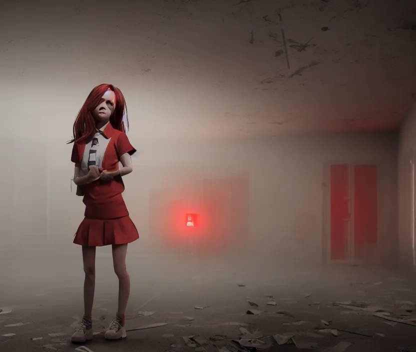 Prompt: School girl standing on an abandoned hospital room with red ceiling lighting, gloomy and foggy atmosphere, octane render, artstation trending, horror scene, highly detailded