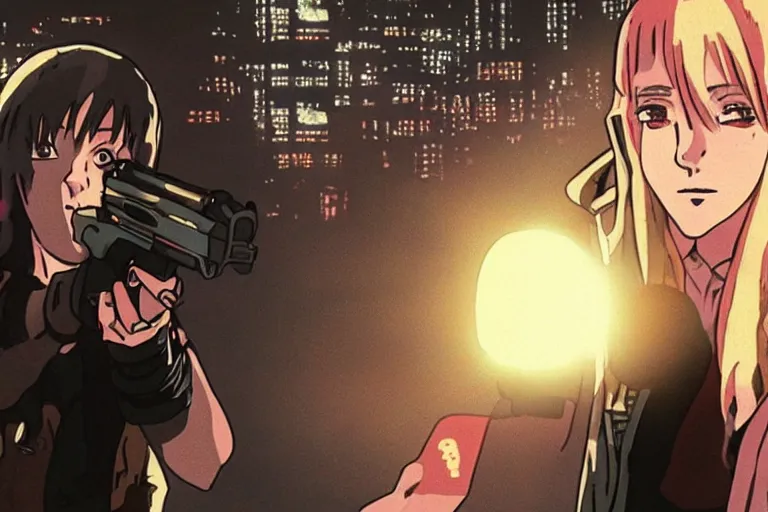 Prompt: Chloe Sevigny aims a pistol in a cyberpunk anime from the 90s by Mamoru Oshii