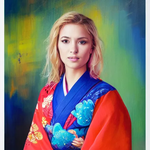 Image similar to stunning, breathtaking, awe - inspiring award - winning concept art portrait painting by steve mccurry of a beautiful young blonde latina woman with short, wavy hair, wearing a colorful yukata