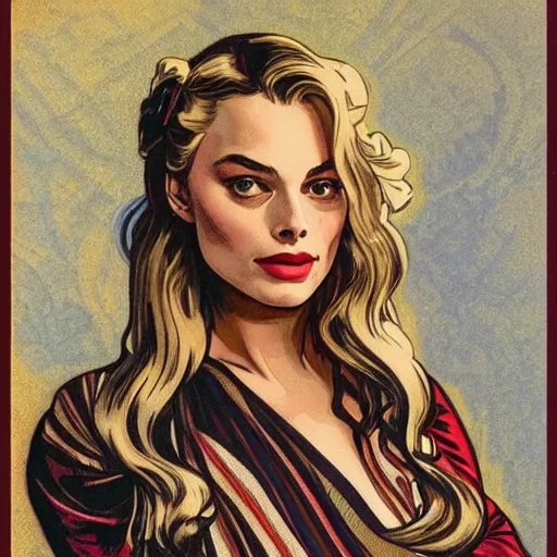 Prompt: margot robbie, 8k, french noveau, alphonse mucha