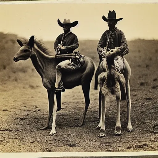 Image similar to kangaroo and wallaby cowboys, riding into a small town on horses, 1 8 6 0 s, photo