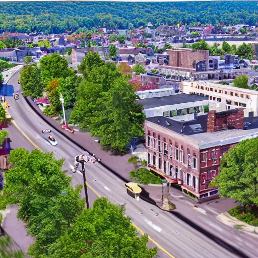 Prompt: drone view of main street newark valley n. y., photorealistic, photograph,