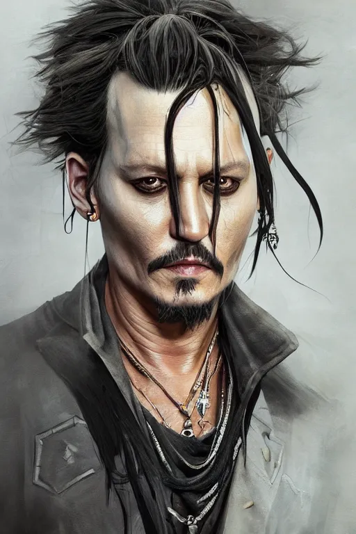 Image similar to Portrait of johnny depp as quincy from bleach, dark, intricate, highly detailed, smooth, artstation, digital illustration by Ruan Jia and Mandy Jurgens and Artgerm and Wayne Barlowe and Greg Rutkowski and Zdislav Beksinski