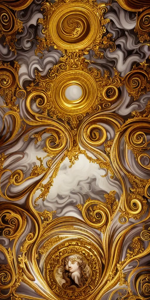 Image similar to the source of future growth dramatic, elaborate emotive Golden Baroque and Rococo styles to emphasise beauty as a transcendental, seamless pattern, symmetrical, large motifs, sistine chapel ceiling, 8k image, supersharp, rococo spirals and baroque swirls, white smoke and rainbow ink dropping in water, Gold black and rainbow colors, perfect symmetry, 3D, no blur, sharp focus, photorealistic, insanely detailed and intricate, cinematic lighting, Octane render, epic scene, 8K