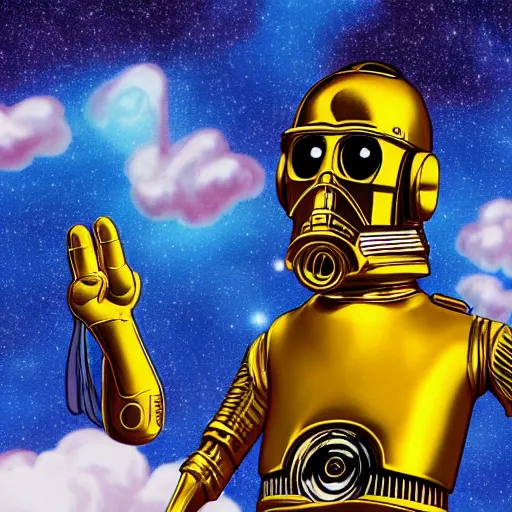 Image similar to full body portrait of Simpson as C3PO in star wars, background blue sky puffy clouds cinematic 4k