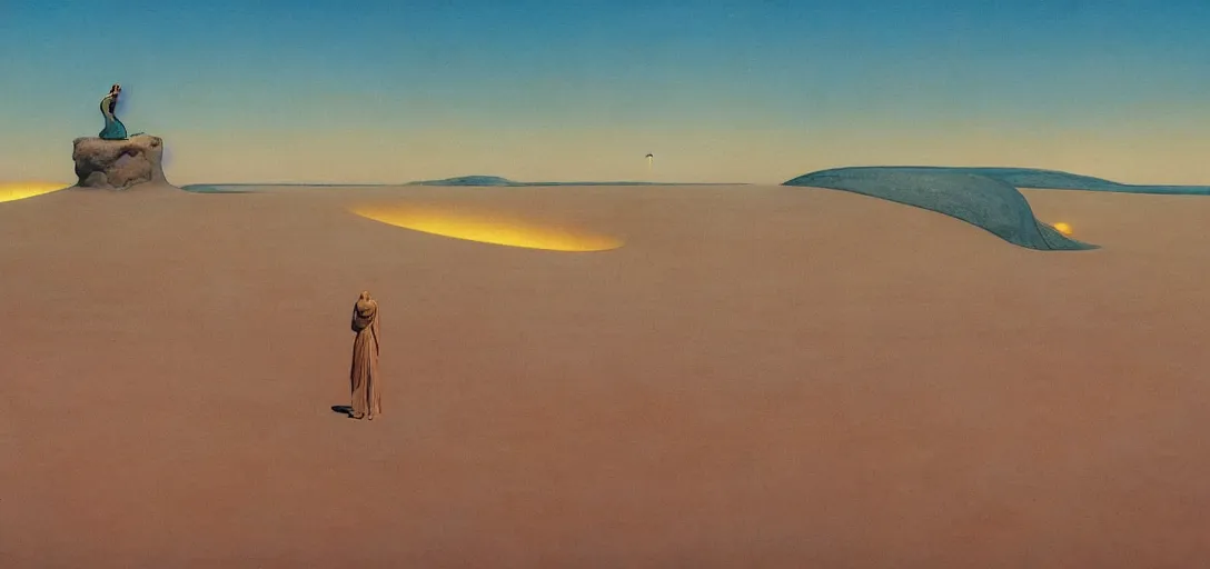 Image similar to a golden salt flat surrounded by dunes with a ruined statue of a woman emerging from the blue sand, illustrated, epic composistion, moebius, edward hopper and james gilleard, zdzislaw beksinski, steven outram, volumetric lighting, surreal flat colors, concept art