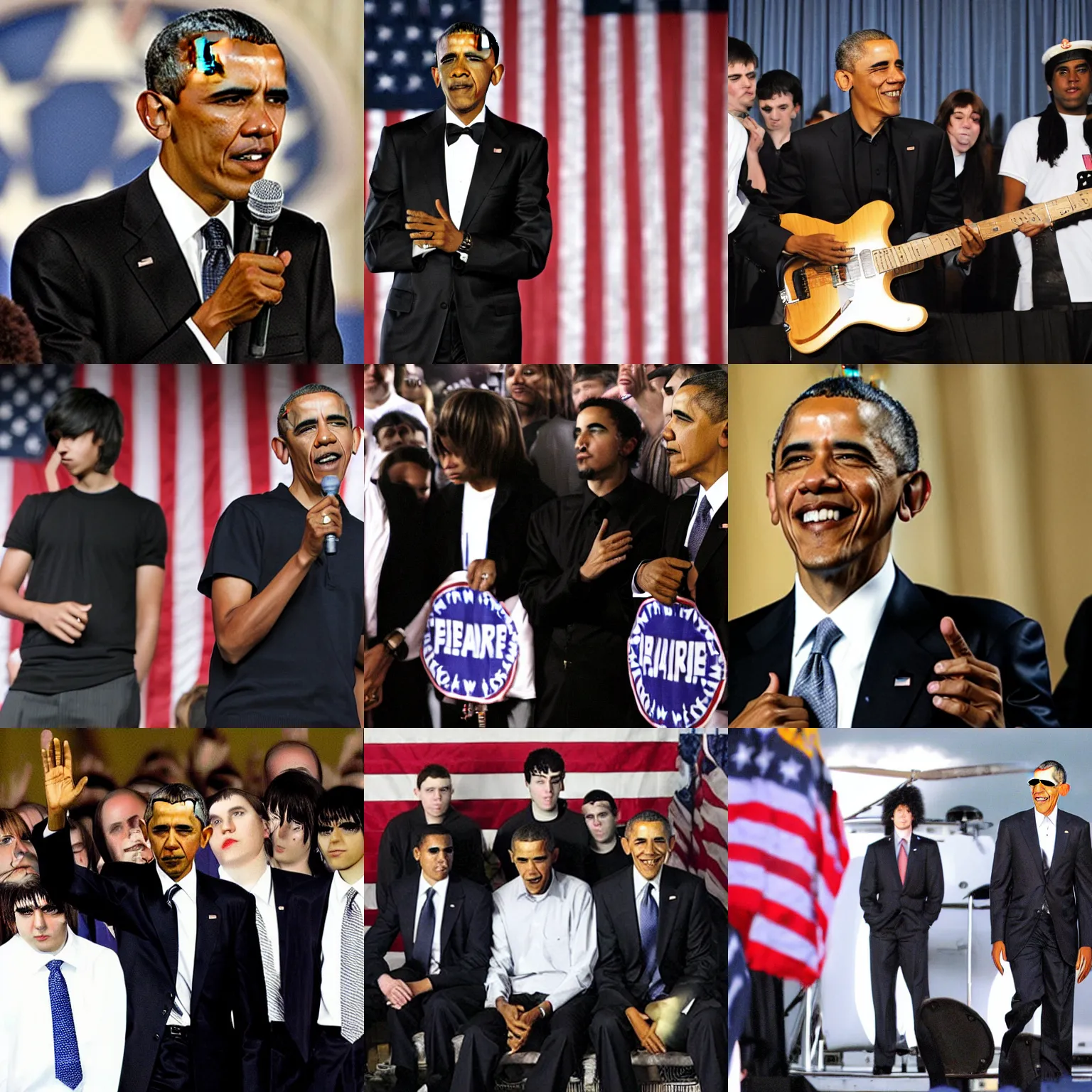 Prompt: barack obama in a 2 0 0 9 emo band