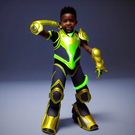 Image similar to a young boy with the appearance and armor of lucio from overwatch, design, octane render, 4 k, ingame shot