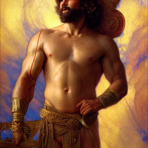 Image similar to full body portrait muscular paul rudd as the biblical adam, natural lighting, path traced, highly detailed, high quality, digital painting, by gaston bussiere, craig mullins, alphonse mucha j. c. leyendecker