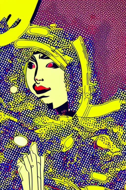 Prompt: futuristic japanese cyberpunk by roy lichtenstein, by andy warhol, ben - day dots, pop art, bladerunner pixiv contest winner, cyberpunk style, cyberpunk color scheme, mechanical, high resolution, hd, intricate detail, fine detail, 8 k