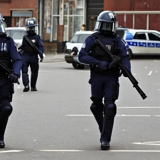 Image similar to film still, policemen, in 2011 London riots