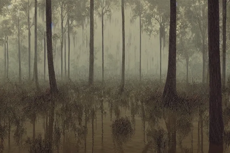 Image similar to scene from louisiana swamps,, neon cross, voodoo, 8 k, hyper detailed, artwork by tim eitel