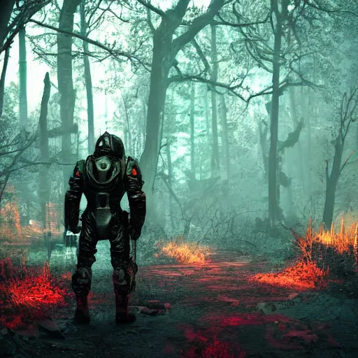 Prompt: Frank Horrigan stands against the background of a radioactive forest, graphics, fallout 4 render, 3d computer render, maximum details, rain, night, spotlight,