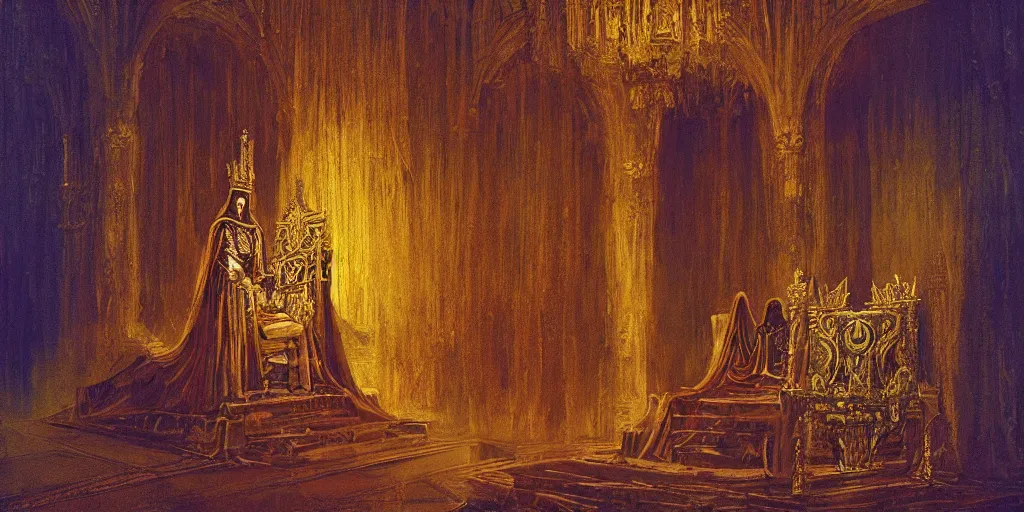 Image similar to a medieval king sitting on a golden throne led by stairs leaning on a shiny sword in a palace, illuminated by glowing light behind the throne, beksinski and syd mead cinematic colorful painting