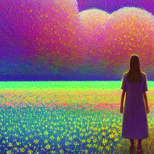 Prompt: girl made from surreal flowers, standing in flower field, surreal photography, big trees, sunrise dramatic light, impressionist painting, colorful clouds, digital painting, pointillism, artstation, simon stalenhag