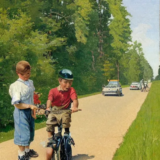 Image similar to A painting in the style of Norman Rockwell of a boy trying to learn to ride a bike. His father is holding the bike to help. The road is lined with tall trees, A farm can be seen in the background. A dog is close by