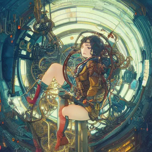 Prompt: anime female pilot, steampunk city, so many wires, magic library, carving on southern ice porcelain , overdetailed art, by greg rutkowski, by Alfons Mucha, complementing colors, magic, colorful lights, fireflies, detailed illustration