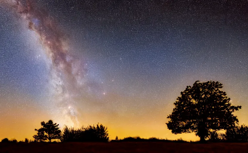 Image similar to night photography of the milky way with a tree in foreground, highly detailed, photorealistic