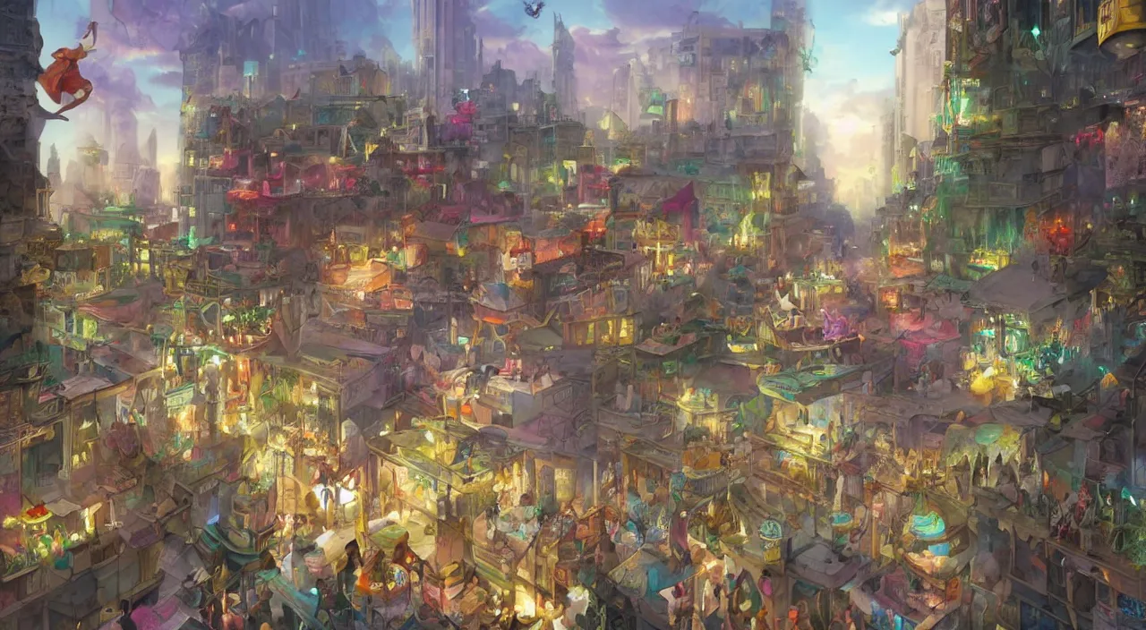 Image similar to bazaar zouk oriantal place mosquet multicolorful sky shine matte painting, street art, trending on artstation, by huang guangjian and gil elvgren and sachin teng