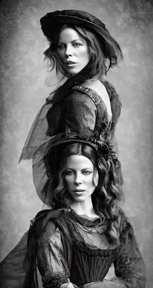 Image similar to digital collodion photograph, a beautiful portrait of Kate Beckinsale dressed in victorian era clothes