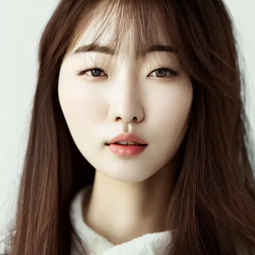 Prompt: Park shin-hye korean woman, portrait photo of a beautiful south korean woman, female model, soft smile, closed mouth showing no teeth, soft bright skin, brown hair, deep brown eyes, modern south korean makeup, soft makeup, studio lighting, solid white background, hyperrealistic, 8k, artstation, professional photo, by Leibowitz