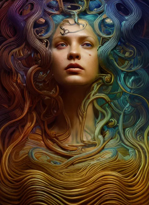 Image similar to medusa, wooden art nouveau swirls, strong subsurface scattering, cables, tubes, subsurface scattering, in the style of ruan jia and tomasz alen kopera and giger, subsurface scattering, mystical colors, rim light, dramatic lighting, 8 k, stunning scene, raytracing, octane render, trending on artstation