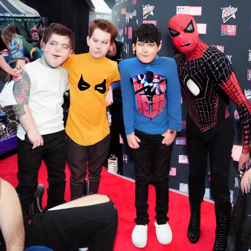 Prompt: the member of fall out boy meeting Spider-Man