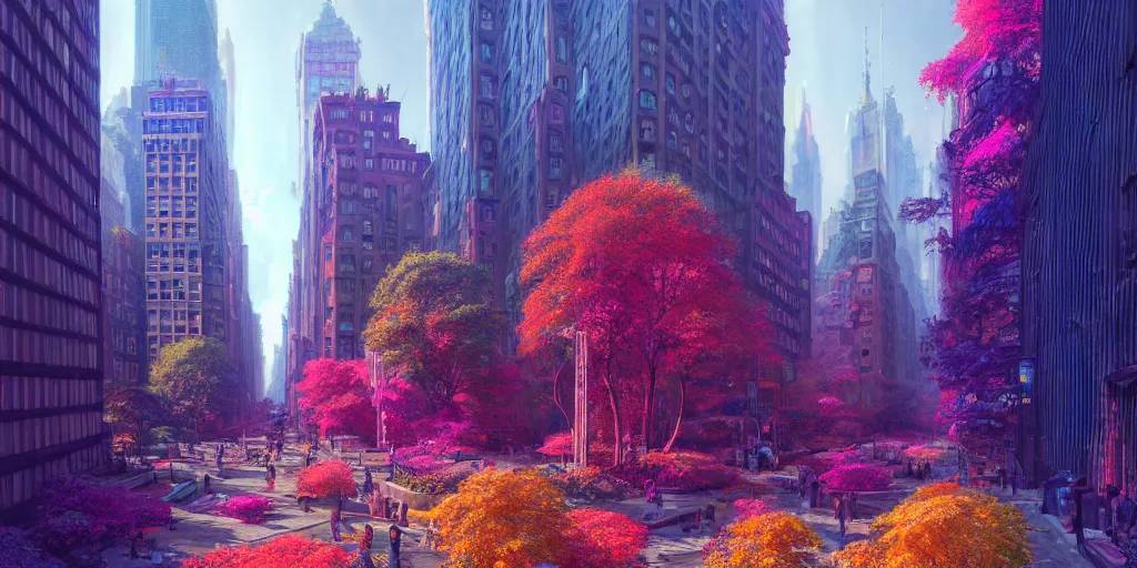 Image similar to a hyper - detailed 3 d render of a solarpunk bright vivid new york city with colorful trees and plants, concept art, lifelike, photorealistic, digital painting, aesthetic, artstation hd, by greg rutkowski, klimt and nixeu and ian sprigger and wlop and krenz cushart,