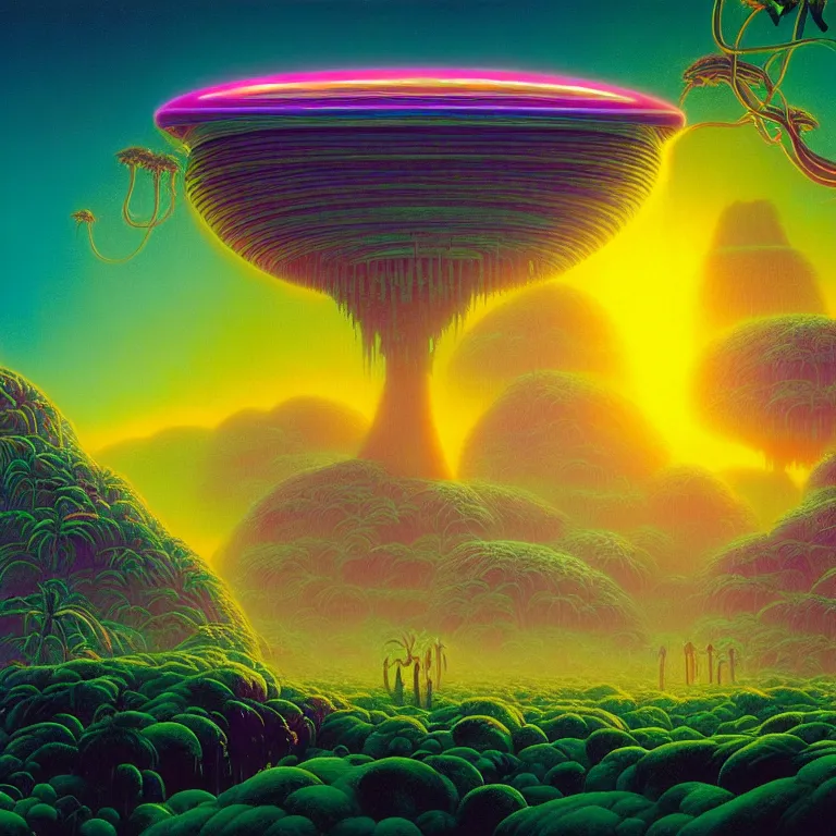 Prompt: mysterious ancient dieties hovering over magical quantum jungle, infinite psychic waves, synthwave, bright neon colors, highly detailed, cinematic, wide angle, tim white, michael whelan, roger dean, bob eggleton, lisa frank, vladimir kush, kubrick, kimura, isono