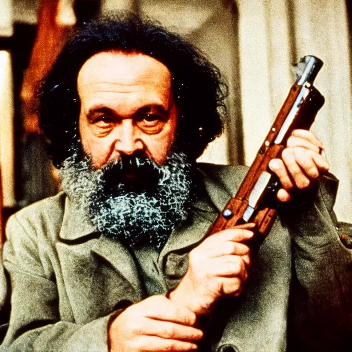 Prompt: very detailed 70s movie still of one Karl Marx with a kalachnikov, cinestill 800t 10mm 4k, grainy picture