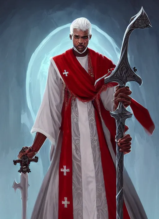 Prompt: a highly detailed illustration of sadistic white haired tanned african priest wearing white robe with red cross design, wielding divine bloody sword, evil smile, gothic church background, intricate, elegant, highly detailed, centered, digital painting, artstation, concept art, smooth, sharp focus, league of legends concept art, wlop