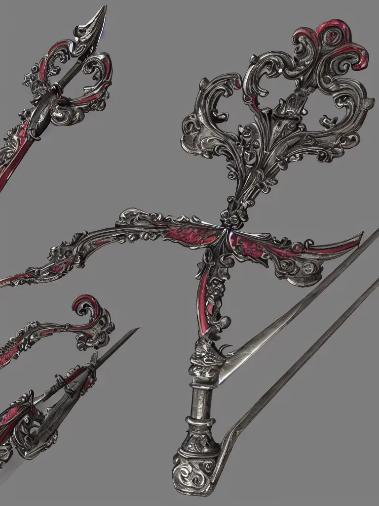 Image similar to double-bladed rose-colored scythe, the two blades are attached to either end of the handle, facing opposite directions, highly detailed, unreal engine