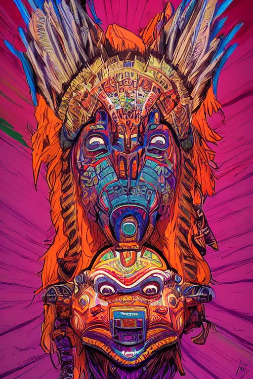 Image similar to totem animal tribal chaman vodoo mask feather gemstone plant wood rock video game illustration vivid color borderlands by josan gonzales and dan mumford radiating a glowing aura