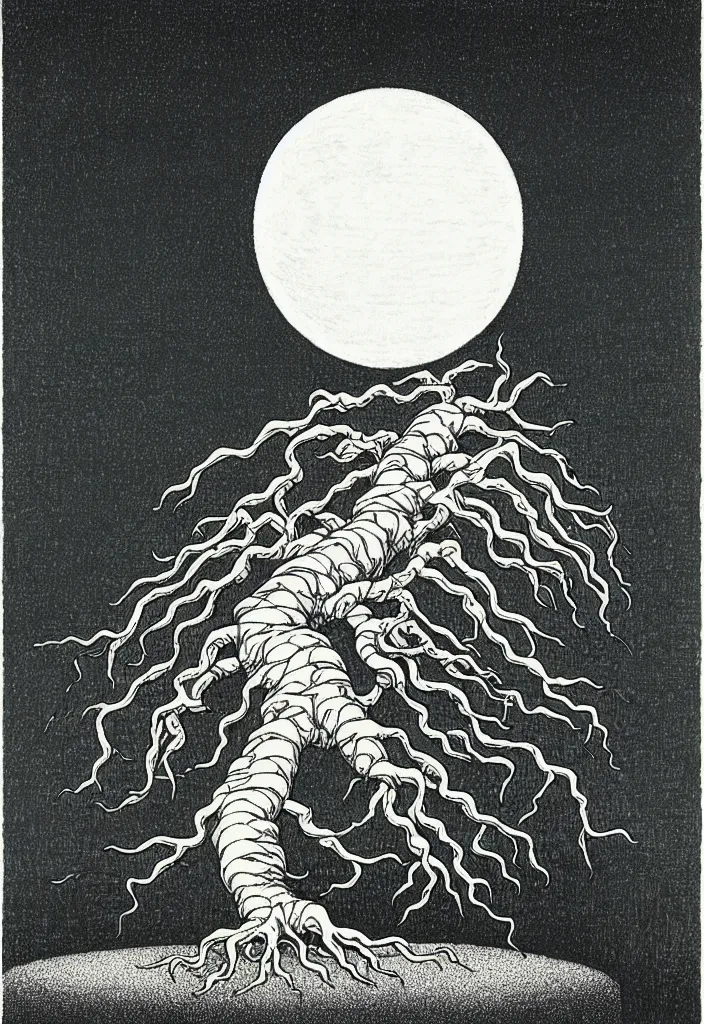 Prompt: prompt: magical white skeleton Bonsai tree squid creature roots merging into big moon drawn by Rene Magritte, Japanese woodblock print style, clean ink detailed line drawing, intricate detail, manga 1980