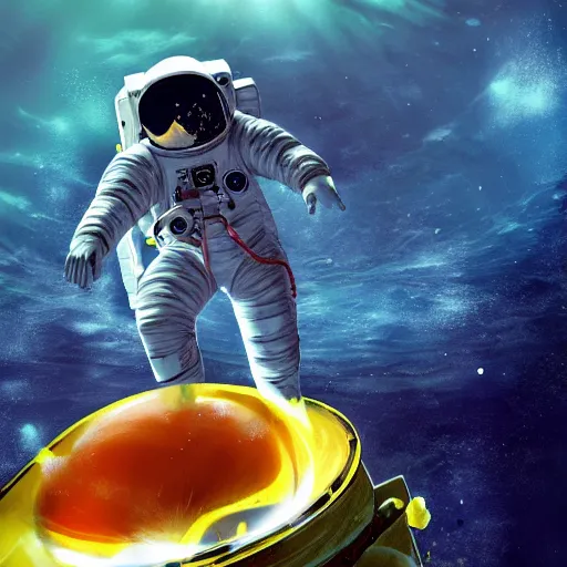 Image similar to an astronaut floating in the middle of deep underwater being hit by sun rays, trending on art station, atmosphere, concept art, photorealistic, high detailed