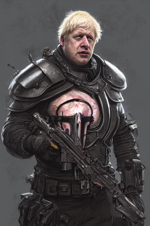 Image similar to Boris Johnson as Punisher, armor plate, realistic portrait, symmetrical, highly detailed, digital painting, artstation, concept art, smooth, sharp focus, illustration, cinematic lighting, art by artgerm and greg rutkowski and alphonse mucha