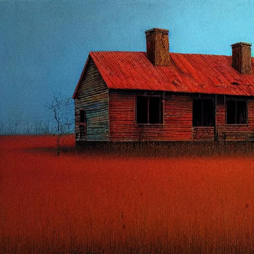 Prompt: an abandoned old rusty American house on a field oil painting in style of Zdislaw Beksinski