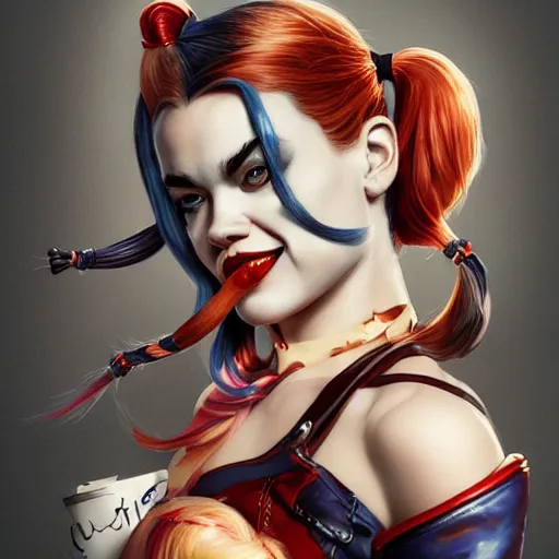 Image similar to Harley Quinn but she's a beautiful ape with long pony tails on either side of her head, mucha, mayhem, illustration, by James Jean, artgerm, octane render, by John Coltrane and Marc Simonetti, Manic, inspired by Greg rutkowski, colorful, studio lighting, blender,