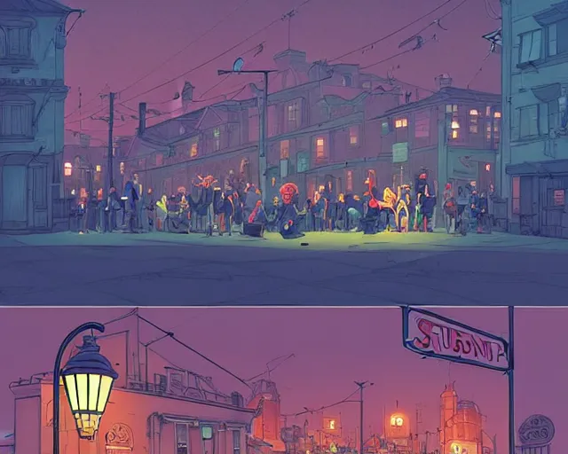 Image similar to a study of cell shaded cartoon of the concert of a music band playing music, street lamps, road, illustration, wide shot, subtle colors, post grunge, concept art by josan gonzales and wlop, by james jean, Victo ngai, David Rubín, Mike Mignola, Laurie Greasley, highly detailed, sharp focus, Trending on Artstation, HQ, deviantart, art by artgem