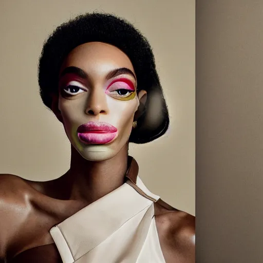 Image similar to realistic photoshooting for a new balenciaga lookbook, vhs colour photography, portrait of model Winnie Harlow woman, in style of Tyler Mitchell, 35mm,