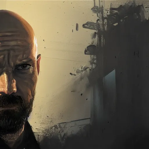 Prompt: painting of an undercover cup, concept art, bald, beard, max payne, call of duty, sin city, golden hour, city environment, dramatic lighting, digital art, 8 k, extremely detailed, drawn by ruan jia