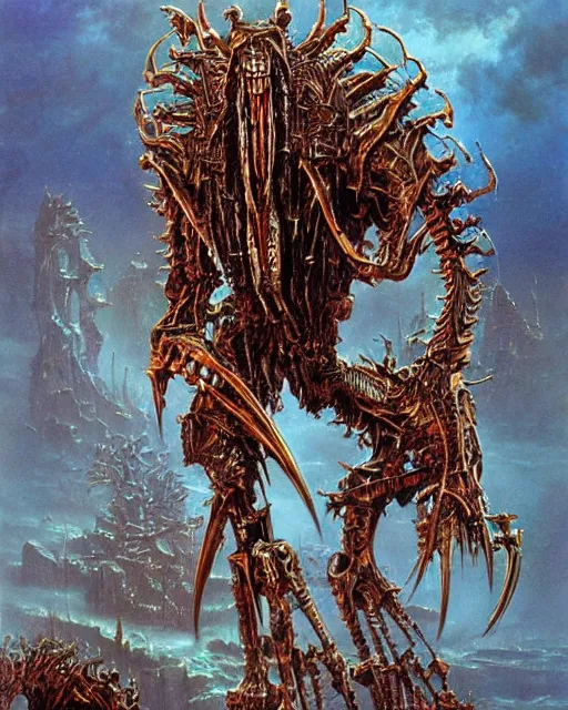 Image similar to biomechanical warhammer final boss creature vecna, art by bruce pennington