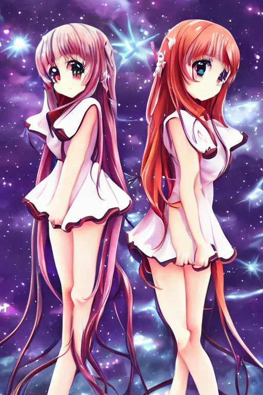 Image similar to two identical beautiful female idols standing face to face, detailed anime art