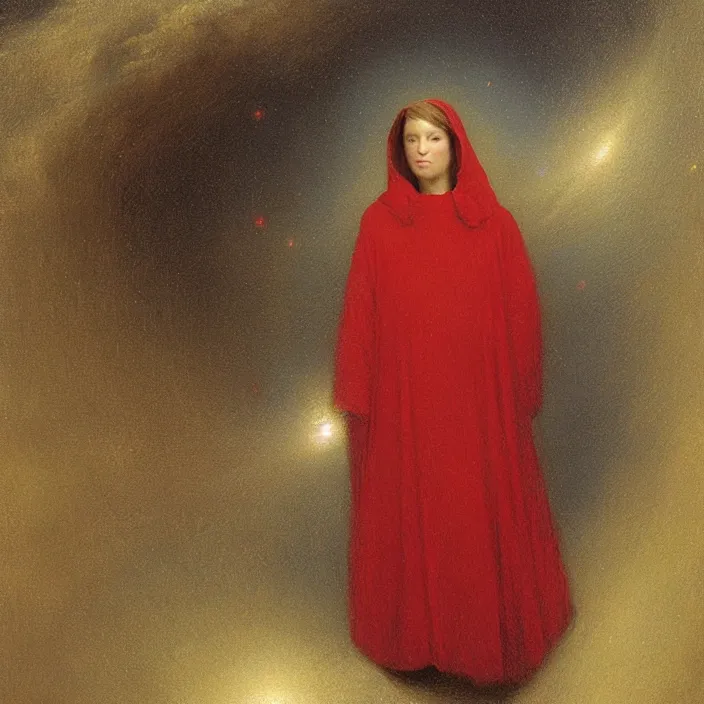 Image similar to a woman in a red hooded cloak in a nebula, by Odd Nerdrum