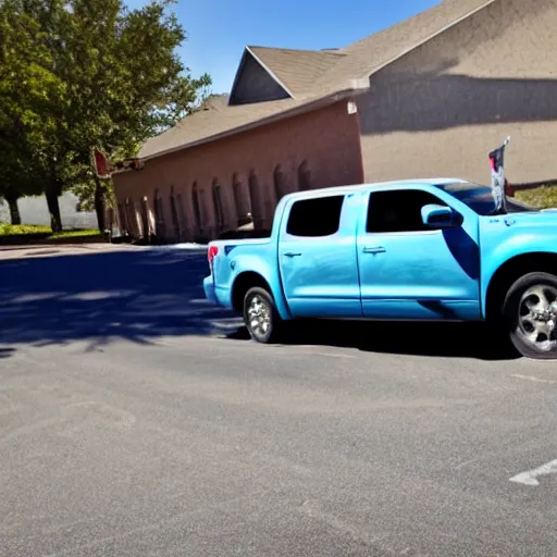 Prompt: man in a blue pickup truck, drunk driving in a church parking lot, security camera footage