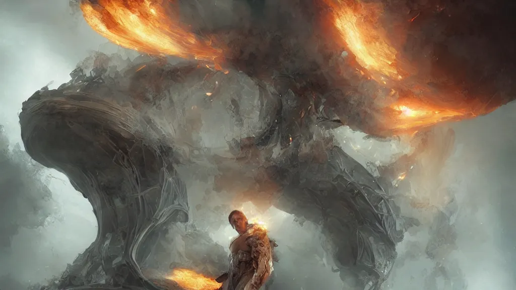 Prompt: a man in white tights flies from volcano and flame Magnetic field, intricate, highly detailed, artstation trending, ray tracing, cinematic, art by Bastien Lecouffe-Deharme, concept art,