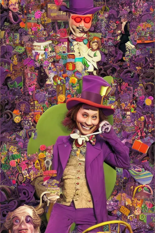 Prompt: whimsical pixar Johnny Depp in wonderland Willy Wonka's Chocolate Factory, Illustration, Colorful, insanely detailed and intricate, super detailed, by Lulu Chen, moebius, craig mullins