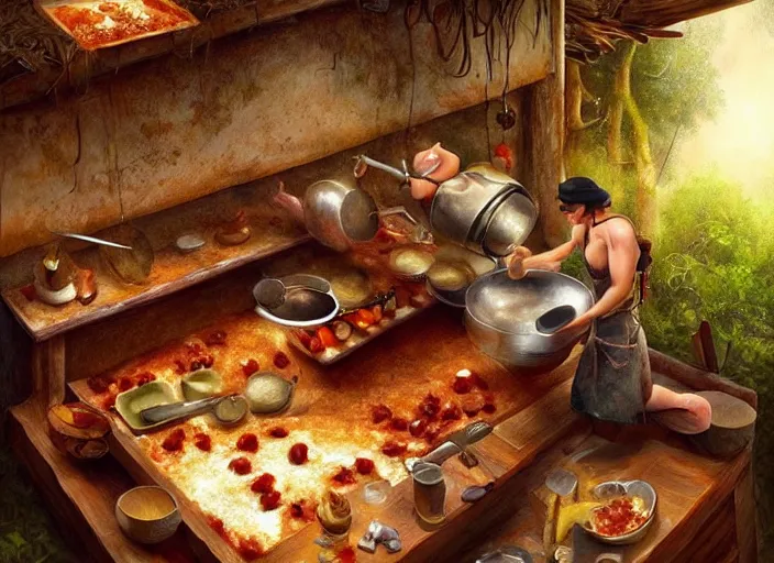 Prompt: pigs that are chefs cooking chili in a primitive kitchen, view from above, mysterious jungle painting, elegant intricate digital painting artstation concept art by mark brooks and brad kunkle detailed