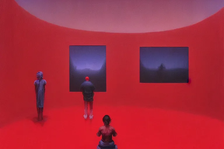 Image similar to only with red, netflix studios with workers at work, a big mickey mouse head in the middle, in the style of beksinski, parts by edward hopper, parts by rodcenko, parts by yue minjun, intricate and epic composition, red by caravaggio, insanely quality, highly detailed, masterpiece, red light, artstation, 4 k