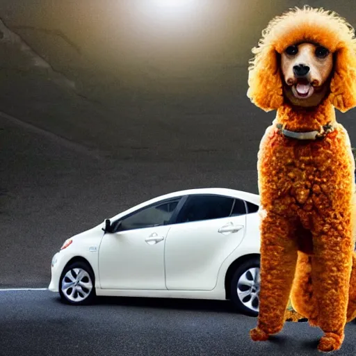 Image similar to a closeup photorealistic photograph of a poodle eating from a jar of mustard. toyota prius is in the background. professional capture. brightly lit scene. this 4 k hd image is trending on artstation, featured on behance, well - rendered, extra crisp, features intricate detail, epic composition and the style of unreal engine.